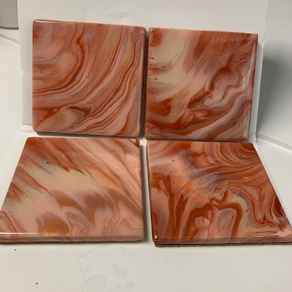 Hand painted, Resin Coated Coasters Ceramic Handcrafted - Set of 4